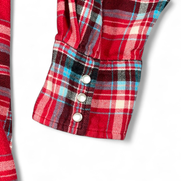 Vintage Wrangler Western Shirt Adult XXL Red Blue Plaid Flannel Pearl Snap Y2K - Picture 6 of 9